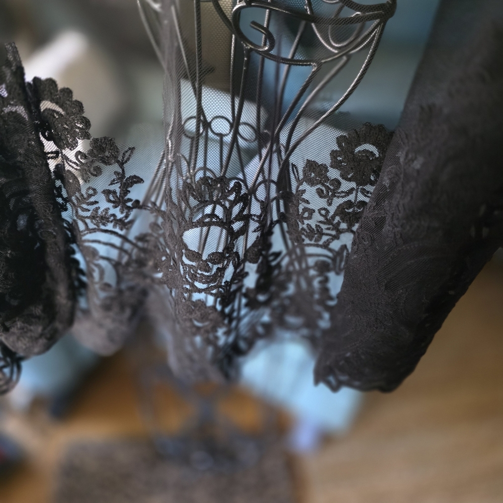 Vintage Skull & Black Lace Open-Front Sheer Kimono